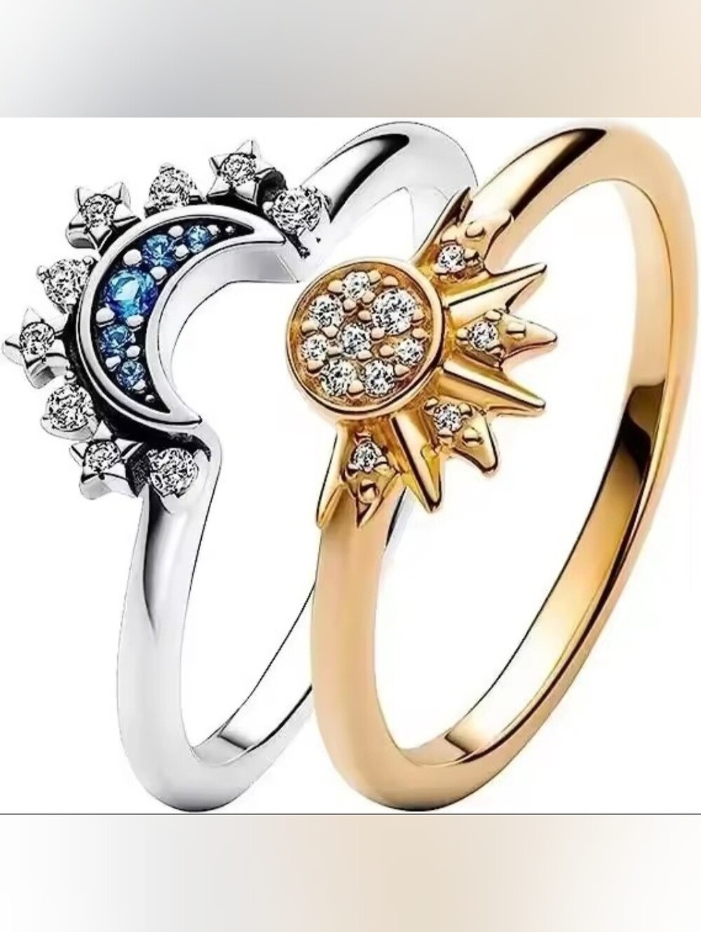 Gold and Silver Sun & Moon CZ Ring Set - Women's Jewelry